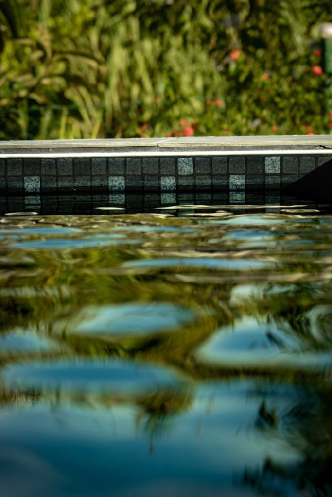 Water reflects the surrounding greenery and tiles.