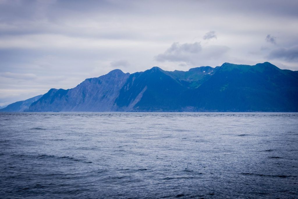 Stunning view of Alaskan mountains meeting the sea under a moody sky.