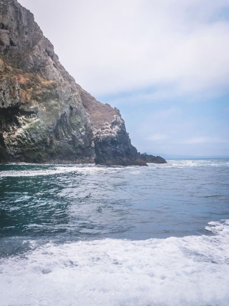 Majestic cliffs by a foamy ocean under a cloudy sky.