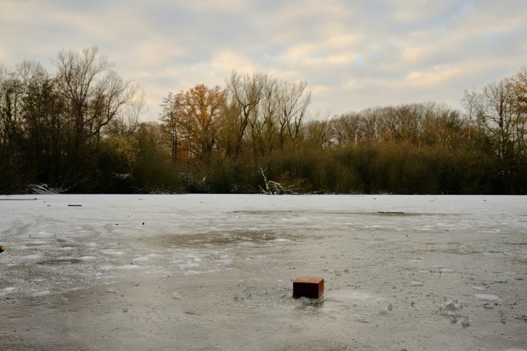 a frozen lake with trees in the background