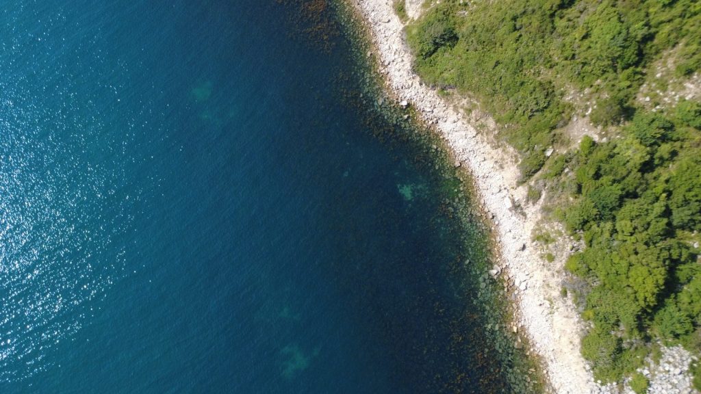 Aerial view of a rocky coastline with blue water