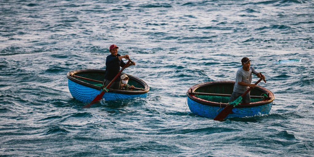 Two men rowing small blue boats on the ocean.