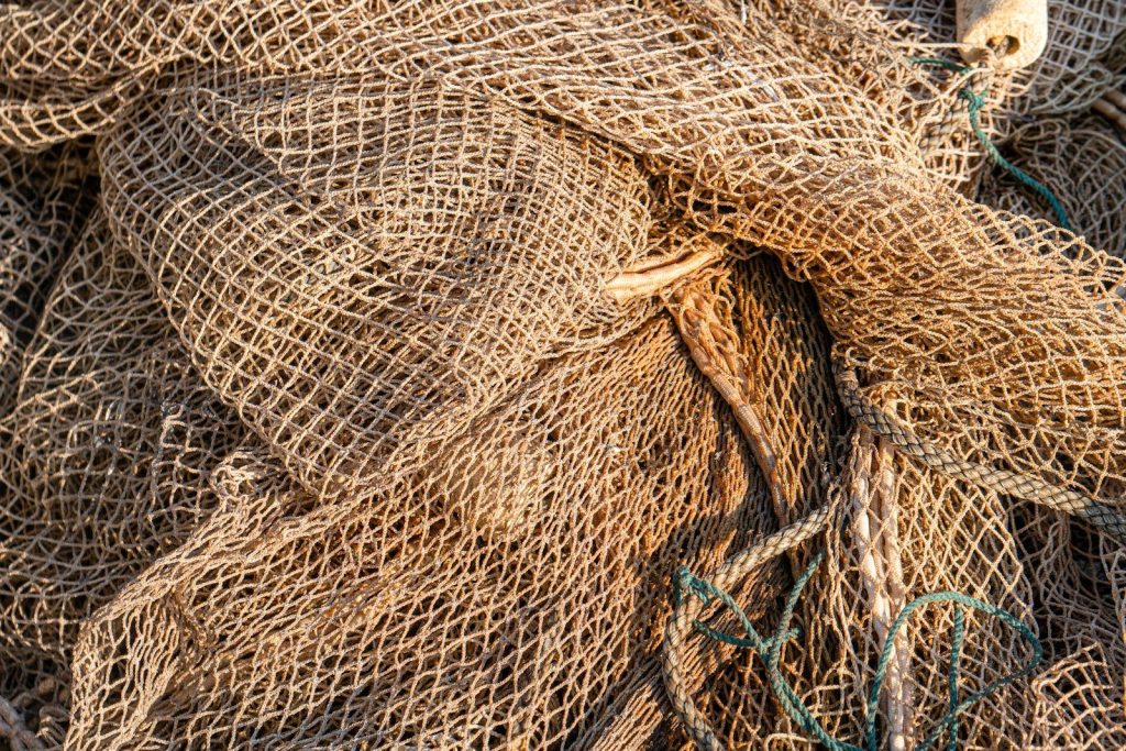 brown and blue net on gray concrete floor