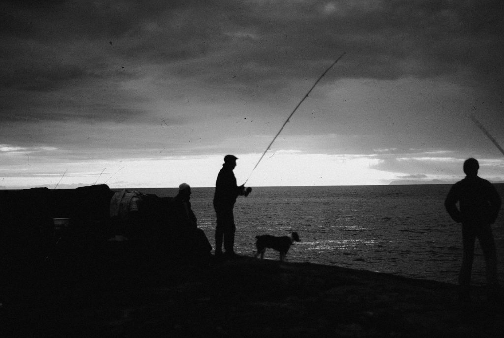 Silhouettes of people fishing by the sea at dusk