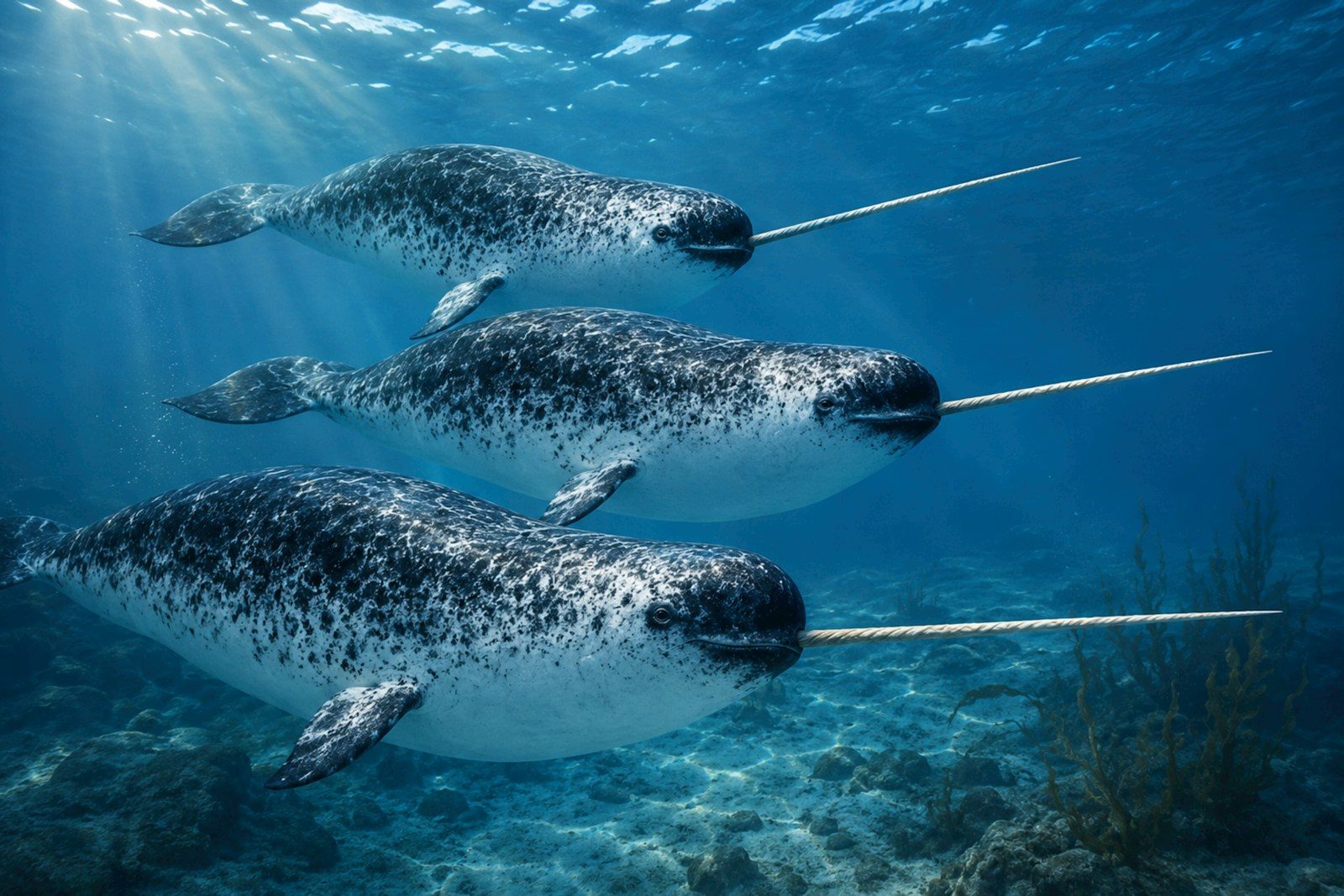 Three narwhals with long tusks swim gracefully underwater.